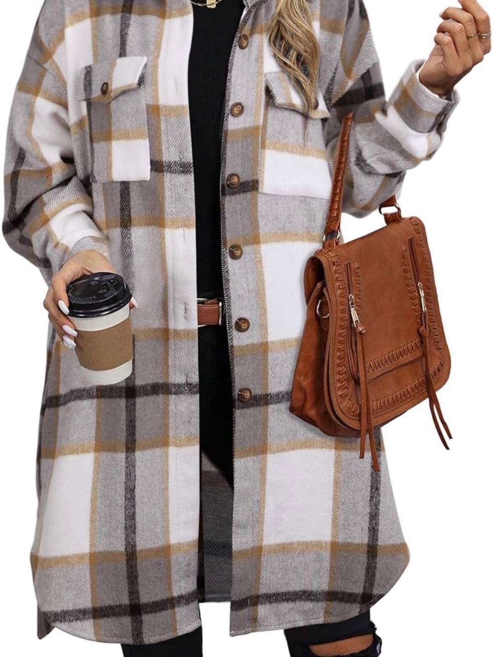 Plaid Long Shacket Jacket - White, Gray & Tan
